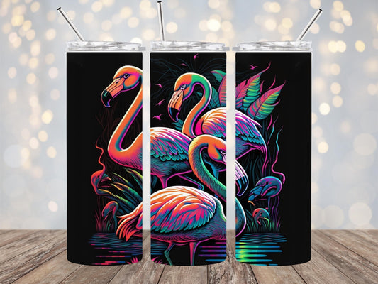 Neon Flamingos 20oz Sublimation Tumbler Designs, Alcohol Ink Rainbow 9.2 x 8.3” Straight Skinny Tumbler Wrap PNG, Sublimation Design PNG