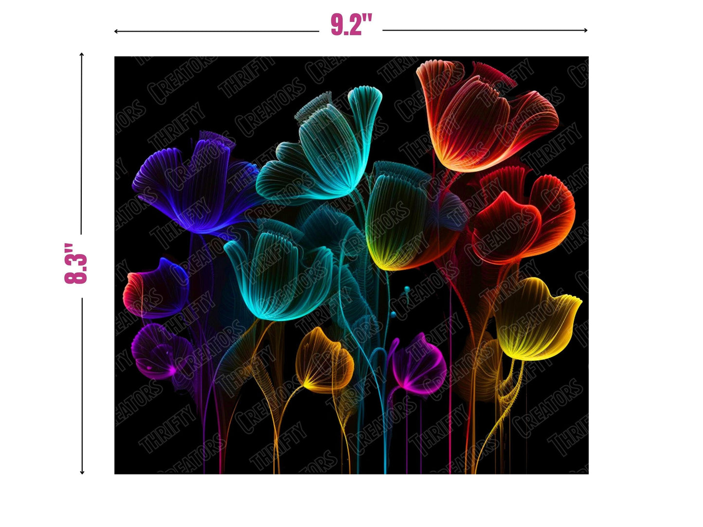 Neon Flowers 20oz Sublimation Tumbler Designs, Alcohol Ink Rainbow 9.2 x 8.3” Straight Skinny Tumbler Wrap PNG, Sublimation Design PNG