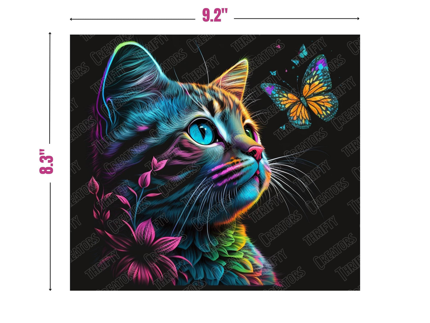 Neon Cat 20oz Sublimation Tumbler Designs, Alcohol Ink Rainbow 9.2 x 8.3” Straight Skinny Tumbler Wrap PNG, Sublimation Design PNG