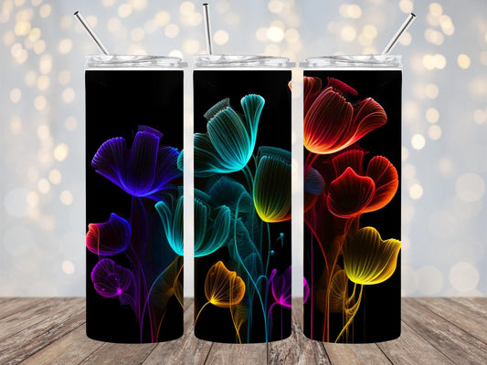 Neon Flowers 20oz Sublimation Tumbler Designs, Alcohol Ink Rainbow 9.2 x 8.3” Straight Skinny Tumbler Wrap PNG, Sublimation Design PNG