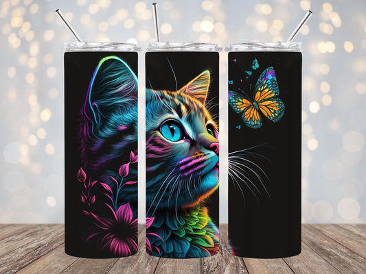 Neon Cat 20oz Sublimation Tumbler Designs, Alcohol Ink Rainbow 9.2 x 8.3” Straight Skinny Tumbler Wrap PNG, Sublimation Design PNG