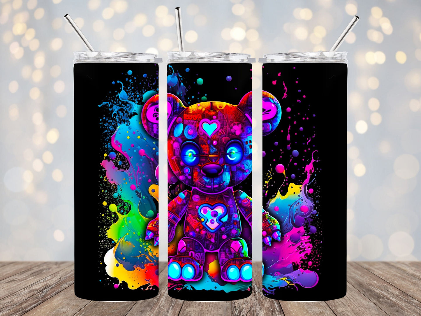 Colorful tumbler design 20oz Sublimation Tumbler Designs, Thrifty Teddy 9.2 x 8.3" Straight Skinny Tumbler Wrap PNG, Sublimation Design PNG