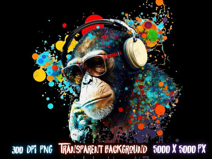 HipHop Monkey Colorful png for shirts and sublimation designs, sublimation png for shirt, neon sublimation, hip hop monkey png