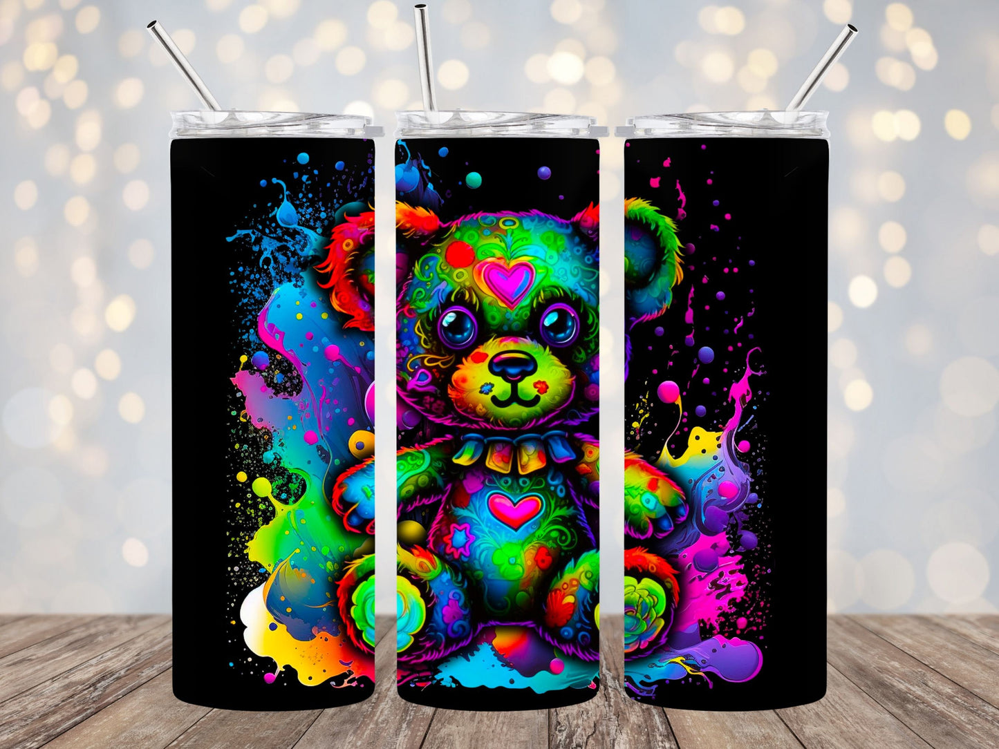 Colorful tumbler design 20oz Sublimation Tumbler Designs, Thrifty Teddy 9.2 x 8.3" Straight Skinny Tumbler Wrap PNG, Sublimation Design PNG