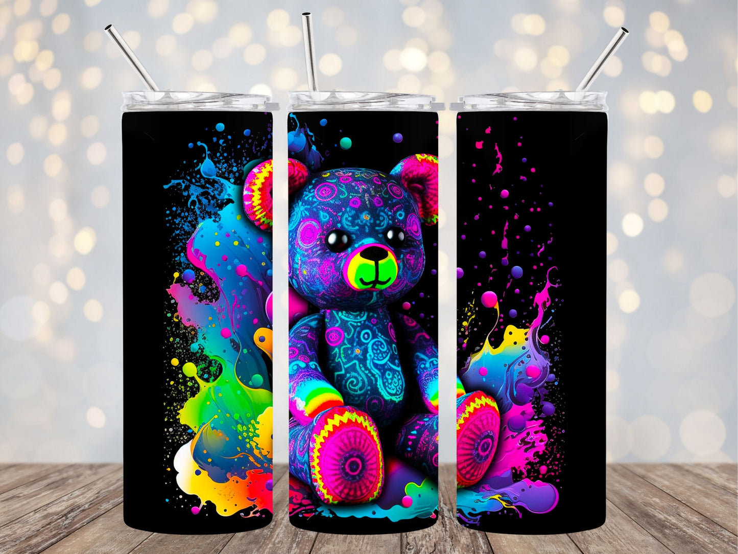 Colorful tumbler design 20oz Sublimation Tumbler Designs, Thrifty Teddy 9.2 x 8.3" Straight Skinny Tumbler Wrap PNG, Sublimation Design PNG