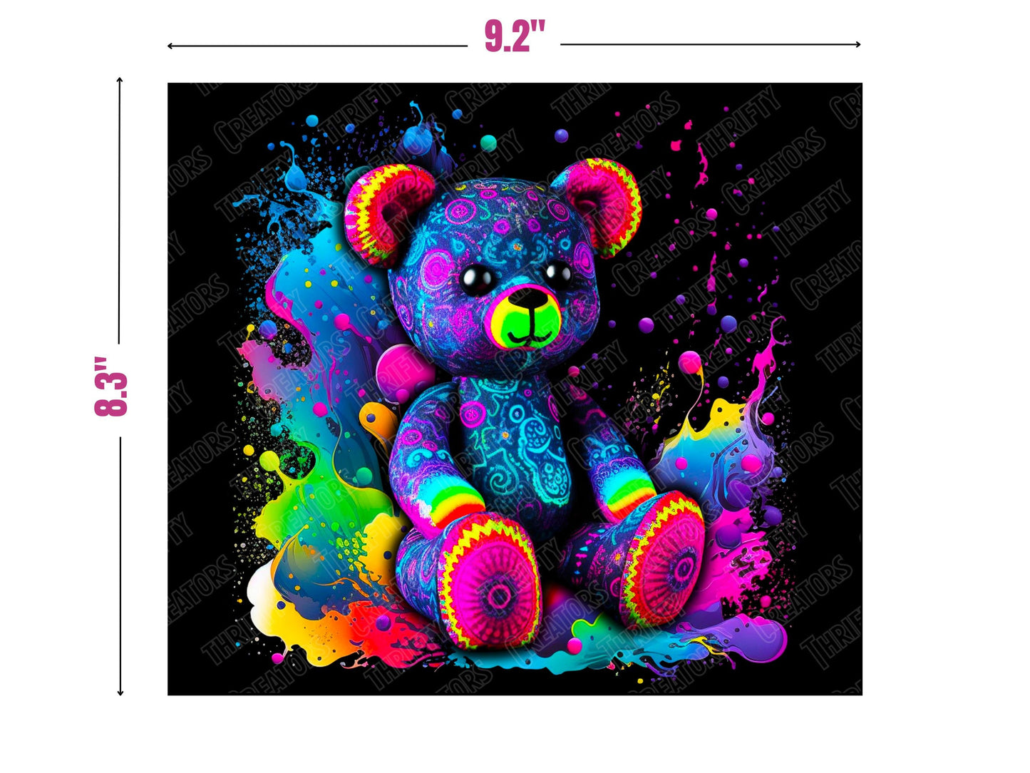 Colorful tumbler design 20oz Sublimation Tumbler Designs, Thrifty Teddy 9.2 x 8.3" Straight Skinny Tumbler Wrap PNG, Sublimation Design PNG