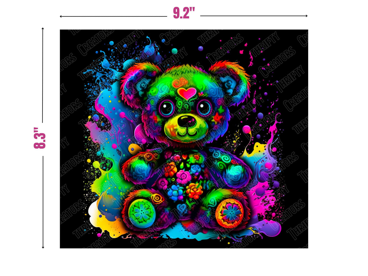 Colorful tumbler design 20oz Sublimation Tumbler Designs, Thrifty Teddy 9.2 x 8.3" Straight Skinny Tumbler Wrap PNG, Sublimation Design PNG