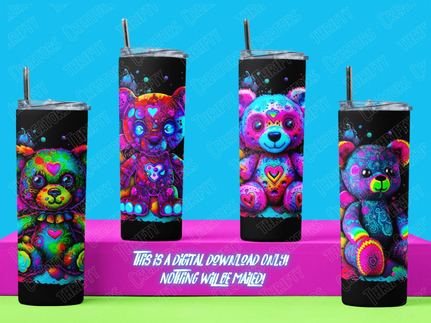 Thrifty Teddies  20oz Sublimation Tumbler Bundle, 9.2 x 8.3 Straight Skinny Tumbler Wrap PNG, Includes Video Mockup and Jpg Mockup