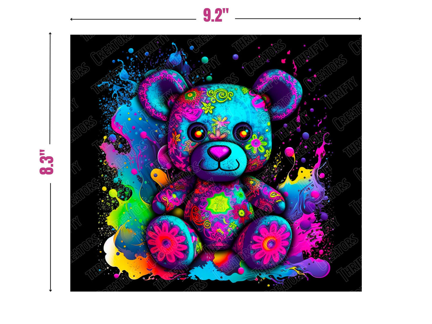 Colorful tumbler design 20oz Sublimation Tumbler Designs, Thrifty Teddy 9.2 x 8.3" Straight Skinny Tumbler Wrap PNG, Sublimation Design PNG