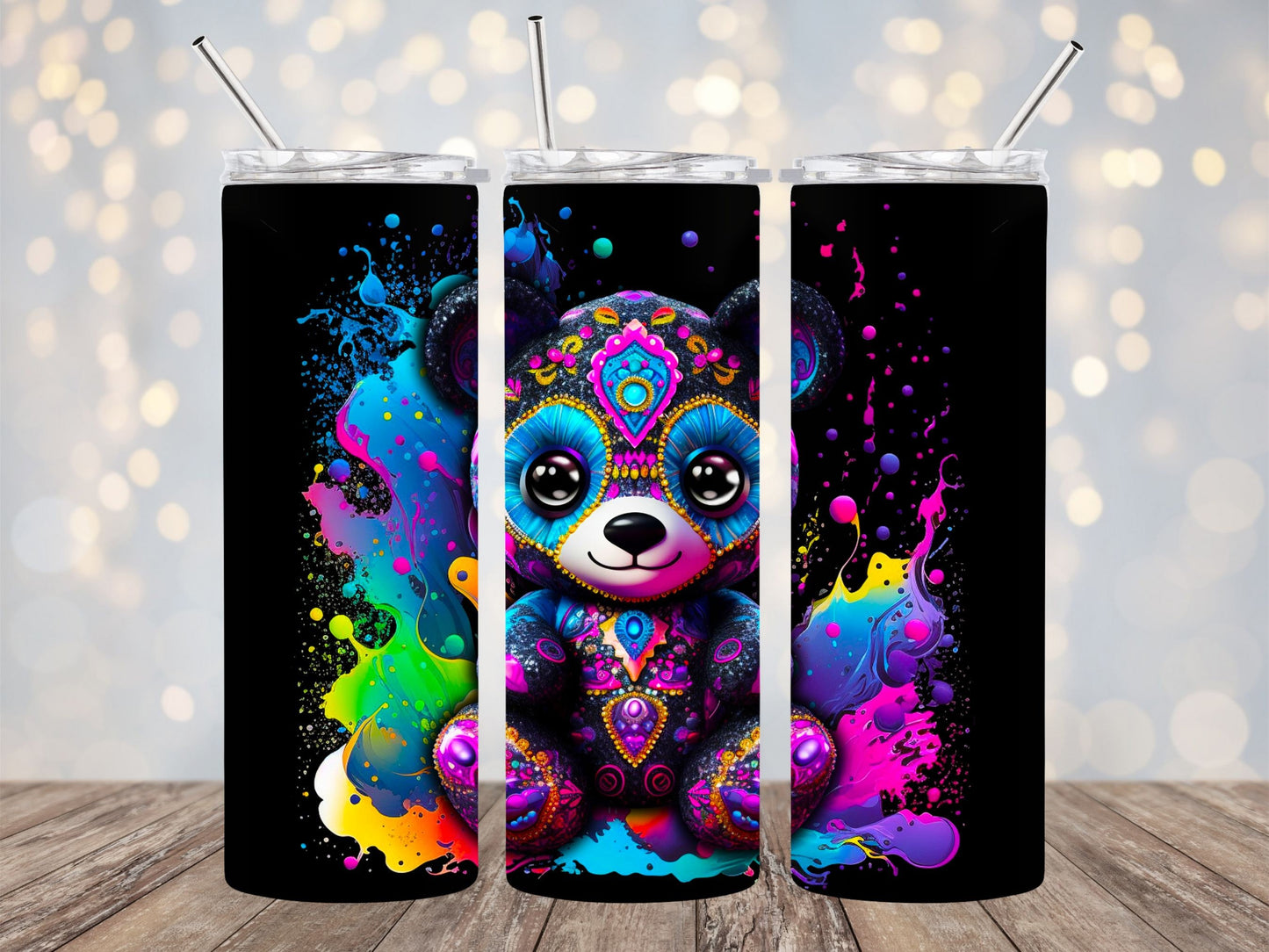 Colorful tumbler design 20oz Sublimation Tumbler Designs, Thrifty Teddy 9.2 x 8.3" Straight Skinny Tumbler Wrap PNG, Sublimation Design PNG