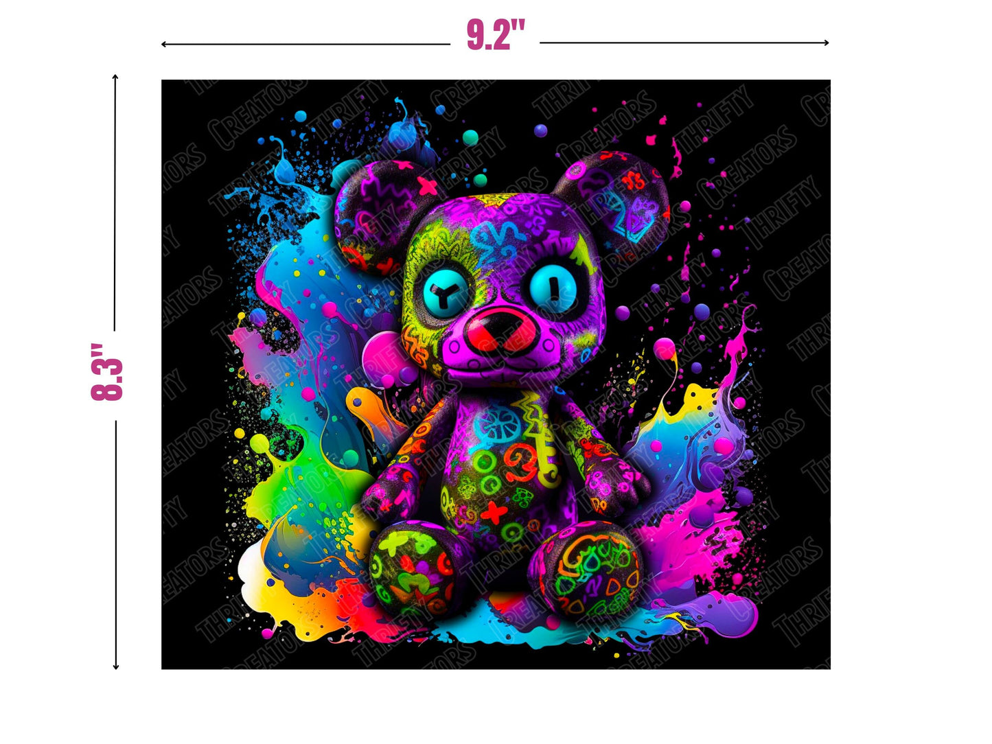 Colorful tumbler design 20oz Sublimation Tumbler Designs, Thrifty Teddy 9.2 x 8.3" Straight Skinny Tumbler Wrap PNG, Sublimation Design PNG