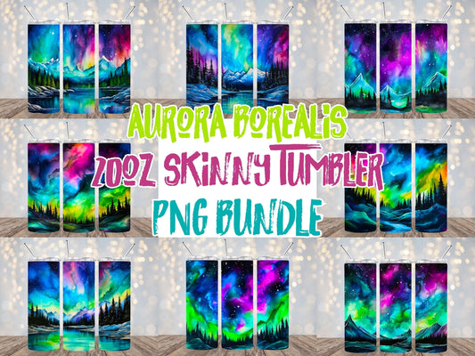Aurora Borealis 20oz Sublimation Tumbler Designs, 9.2 x 8.3” Straight Skinny Tumbler Wrap PNG, Sublimation Design PNG Includes Video Mockups