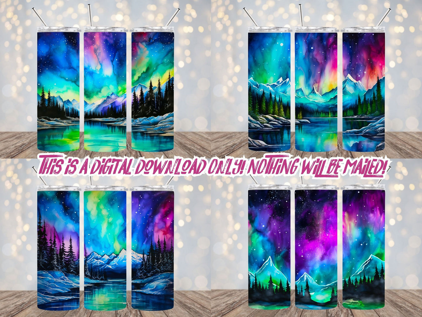 Aurora Borealis 20oz Sublimation Tumbler Designs, 9.2 x 8.3” Straight Skinny Tumbler Wrap PNG, Sublimation Design PNG Includes Video Mockups