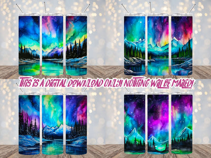 Aurora Borealis 20oz Sublimation Tumbler Designs, 9.2 x 8.3” Straight Skinny Tumbler Wrap PNG, Sublimation Design PNG Includes Video Mockups