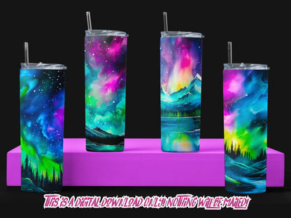 Aurora Borealis 20oz Sublimation Tumbler Designs, 9.2 x 8.3” Straight Skinny Tumbler Wrap PNG, Sublimation Design PNG Includes Video Mockups