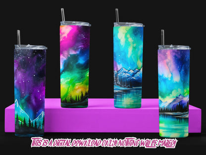 Aurora Borealis 20oz Sublimation Tumbler Designs, 9.2 x 8.3” Straight Skinny Tumbler Wrap PNG, Sublimation Design PNG Includes Video Mockups