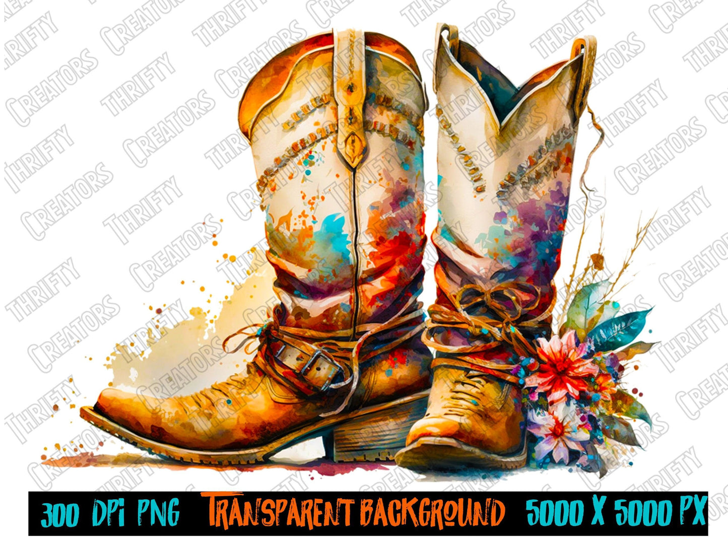 Watercolor Cowgirl Boots PNG, Cowgirl Boots Sublimation Wall art, Cowgirl Boots Digital Clipart - Thrifty Creators
