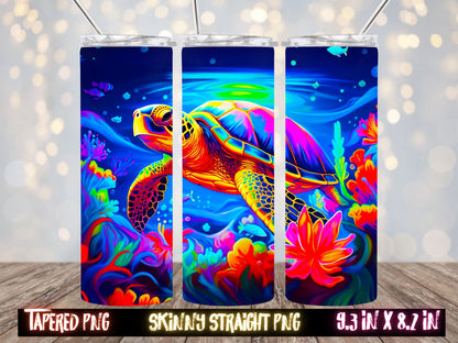 Turtle Neon Floral Rainbow UV 20 oz Skinny Tumbler Sublimation Design, Instant Digital Download PNG, Straight & Tapered Tumbler Wrap PNG