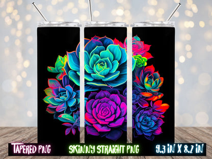 Succulent Plants In Neon 20 oz Skinny Tumbler Sublimation Design, Instant Digital Download PNG, Straight  Tumbler Wrap PNG, Thrifty Creators