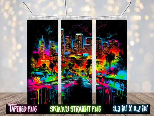 City Skyline In Neon 20 oz Skinny Tumbler Sublimation Design, Instant Digital Download PNG, Straight  Tumbler Wrap PNG, abstract graffiti