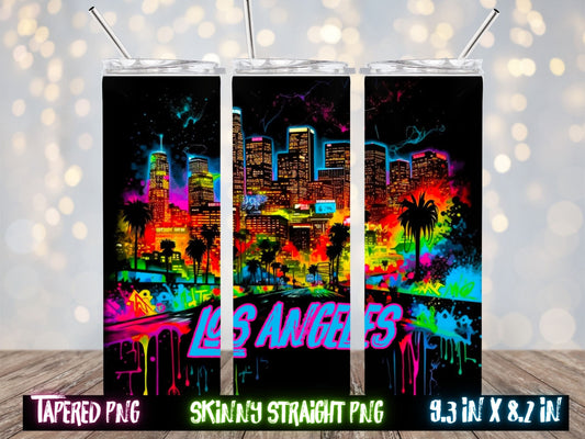 Los Angeles Skyline In Neon 20 oz Skinny Tumbler Sublimation, Instant Digital Download PNG, Straight Tumbler Wrap PNG, abstract graffiti