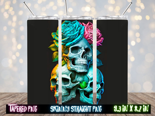 Colorful Roses and Flowers Skulls 20 oz Skinny Tumbler Sublimation Design, Instant Digital Download PNG, Straight & Tapered Tumbler Wrap PNG