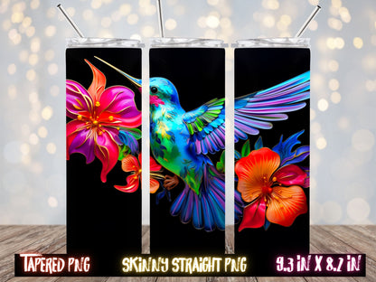 Neon Hummingbirds 20 oz Skinny Tumbler Sublimation Design, Instant Digital Download PNG, Straight  Tumbler Wrap PNG, Thrifty Creators