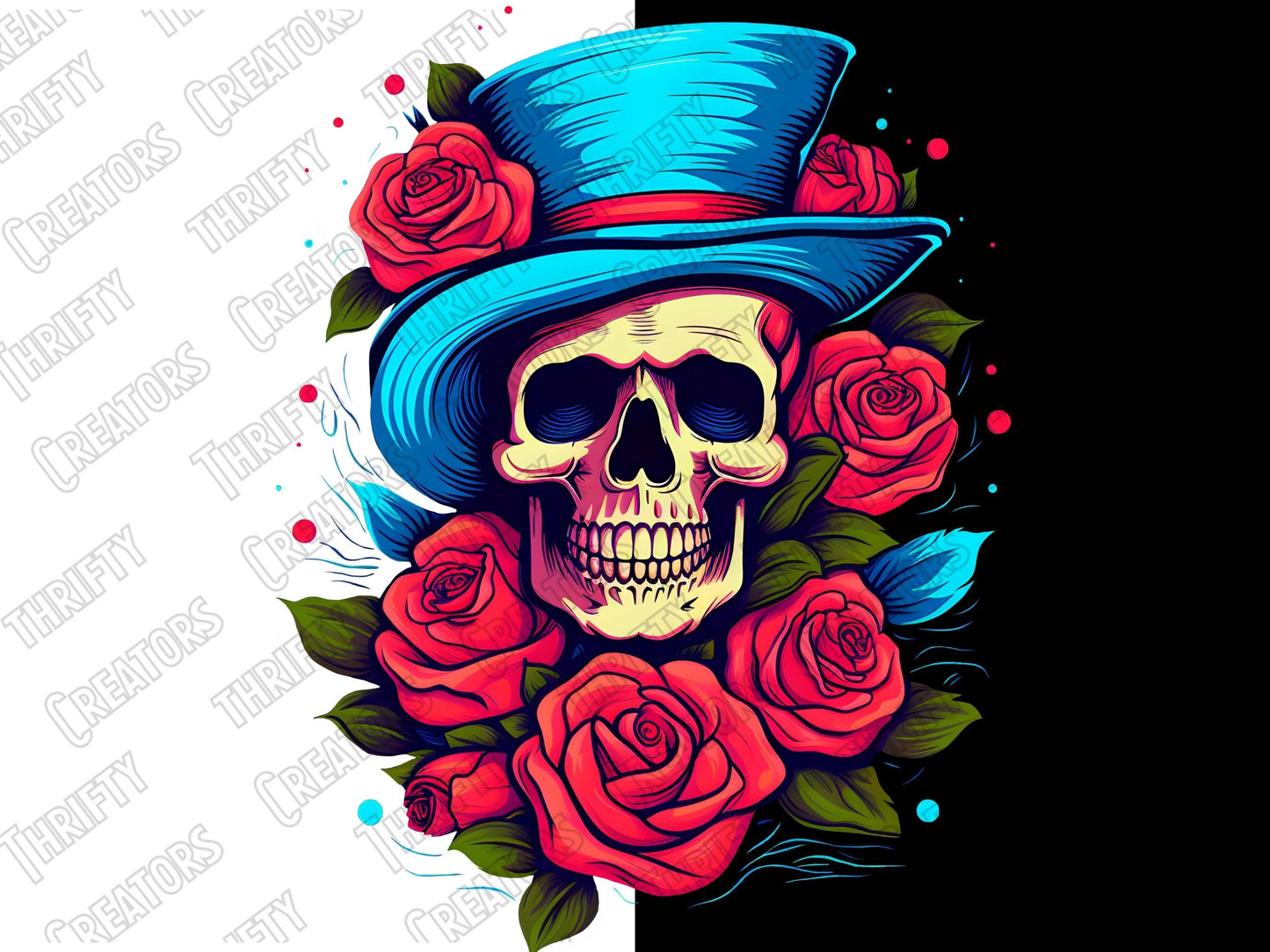 Skull with Roses t shirt design, Sublimation, dtf images and shirt graphics, Rockabilly designs, Original Design by Thrifty Creators 2023