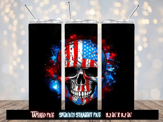 Skull American Flag In Background 20 oz Skinny Tumbler Sublimation Design, Instant Digital Download PNG, Straight & Tapered Tumbler Wrap PNG