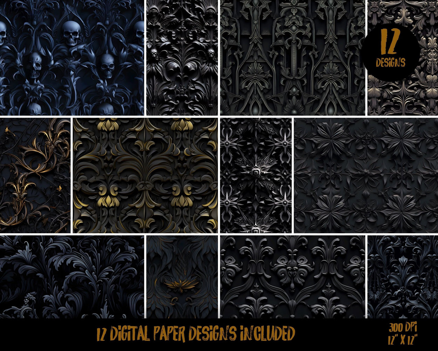 Seamless Black Gothic digital paper, skull damask Halloween scrapbook paper, printable distressed grunge texture, goth backgrounds