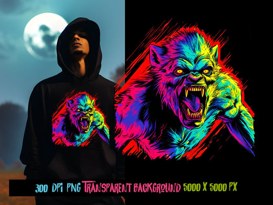Werewolf png for Colorful png design.  Png for shirt, sublimation designs for urban design and streetwear