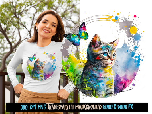 Cat png, colorful cat watercolor sublimation digital Download, cat Sublimation design, sublimation download, t shirt design, mug wraps png