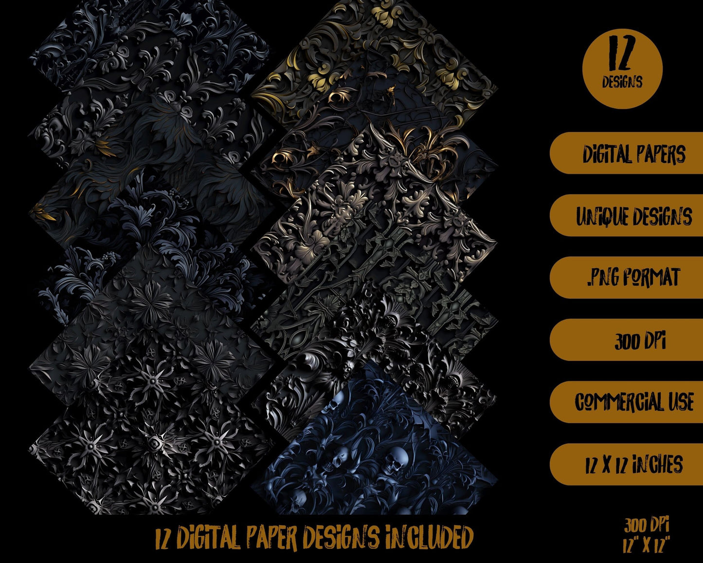 Seamless Black Gothic digital paper, skull damask Halloween scrapbook paper, printable distressed grunge texture, goth backgrounds