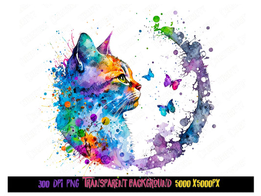Cat png, colorful cat watercolor sublimation digital Download, cat Sublimation design, sublimation download, png for sublimation designs