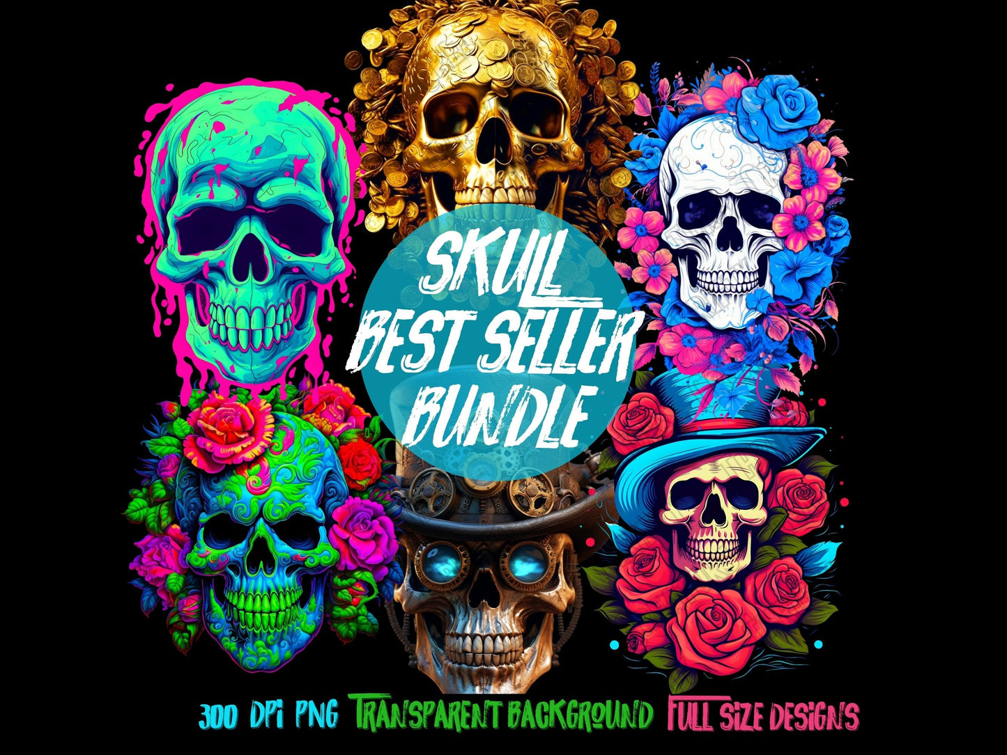 Skull PNG Bundle for Sublimation & DTF - High-Res Clipart Images, 300 DPI - Thrifty Creators