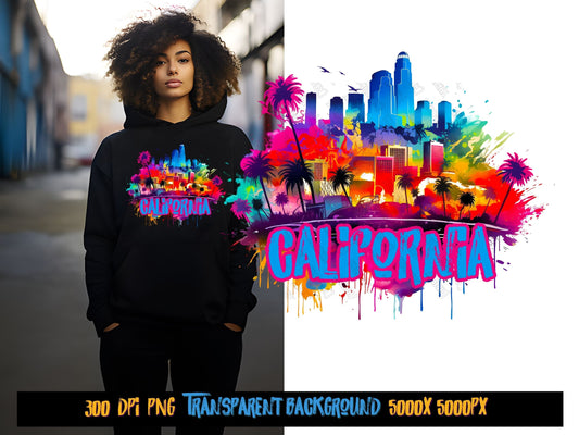 California Cityscape, neon Graffiti png for Colorful png design.  Png for shirt, sublimation designs for urban design and streetwear png