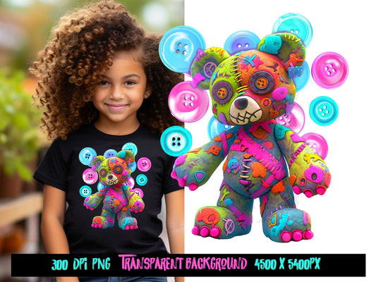 Cute Colorful Tattered Teddy Bear for kids t shirts and sublimation designs, dtf designs for little girls, sweatshirt designs for kids
