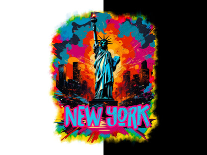 New York Cityscape and Statue of Liberty, neon Graffiti png for Colorful png design. Sublimation designs for urban design and streetwear png