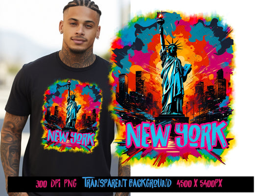 New York Cityscape and Statue of Liberty, neon Graffiti png for Colorful png design. Sublimation designs for urban design and streetwear png
