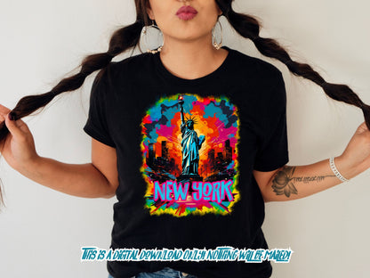 New York Cityscape and Statue of Liberty, neon Graffiti png for Colorful png design. Sublimation designs for urban design and streetwear png