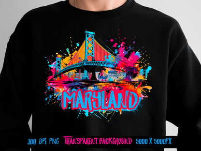 Maryland Graffiti png for hoodie design and t shirt graphics.  Print on Demand Approved for streetwear hoodies and dtf t shirt graphics png