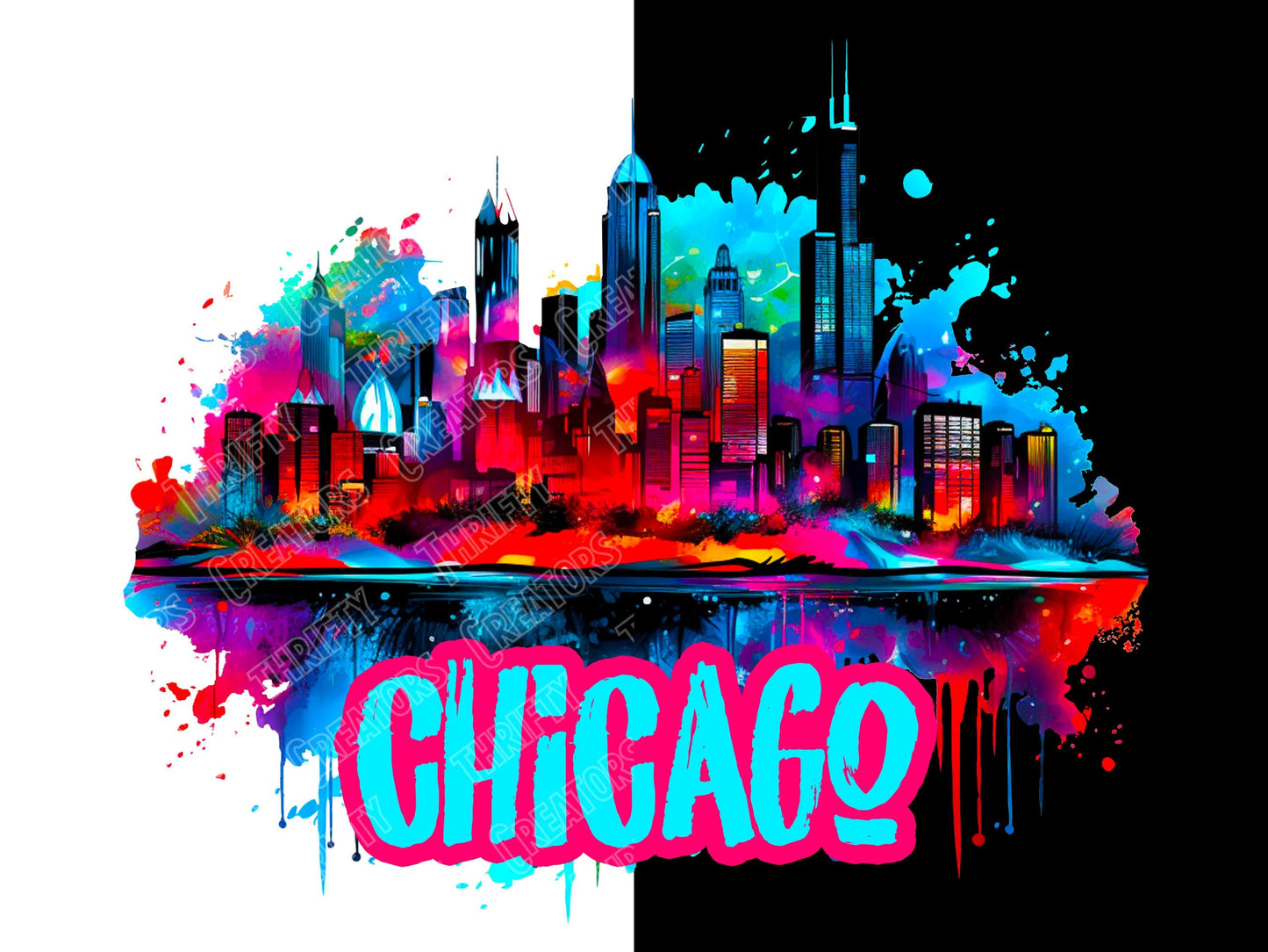 Chicago windy city Skyline Cityscape, neon Graffiti png for Colorful png design. Sublimation designs for urban design and streetwear png