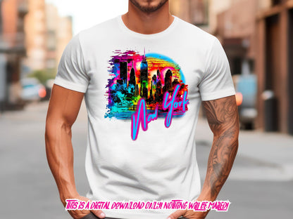 New York Cityscape and Statue of Liberty, neon Graffiti png for Colorful png design. Sublimation designs for urban design and streetwear png