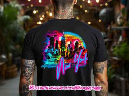 New York Cityscape and Statue of Liberty, neon Graffiti png for Colorful png design. Sublimation designs for urban design and streetwear png