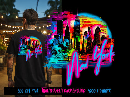 New York Cityscape and Statue of Liberty, neon Graffiti png for Colorful png design. Sublimation designs for urban design and streetwear png