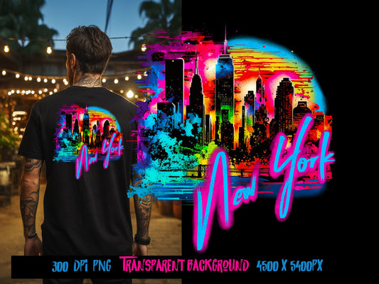 New York Cityscape and Statue of Liberty, neon Graffiti png for Colorful png design. Sublimation designs for urban design and streetwear png