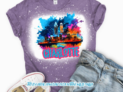 Charlotte North Carolina Skyline Cityscape, neon Graffiti png for Colorful png design. Sublimation designs for urban design and streetwear