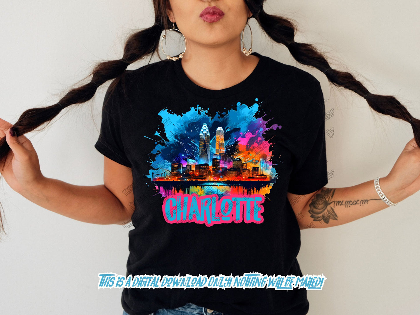 Charlotte North Carolina Skyline Cityscape, neon Graffiti png for Colorful png design. Sublimation designs for urban design and streetwear