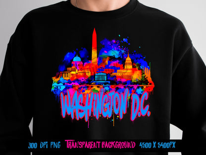 Washington DC Grafitti Cityscape png, neon Graffiti png for Colorful png design. Sublimation designs for urban design and streetwear png