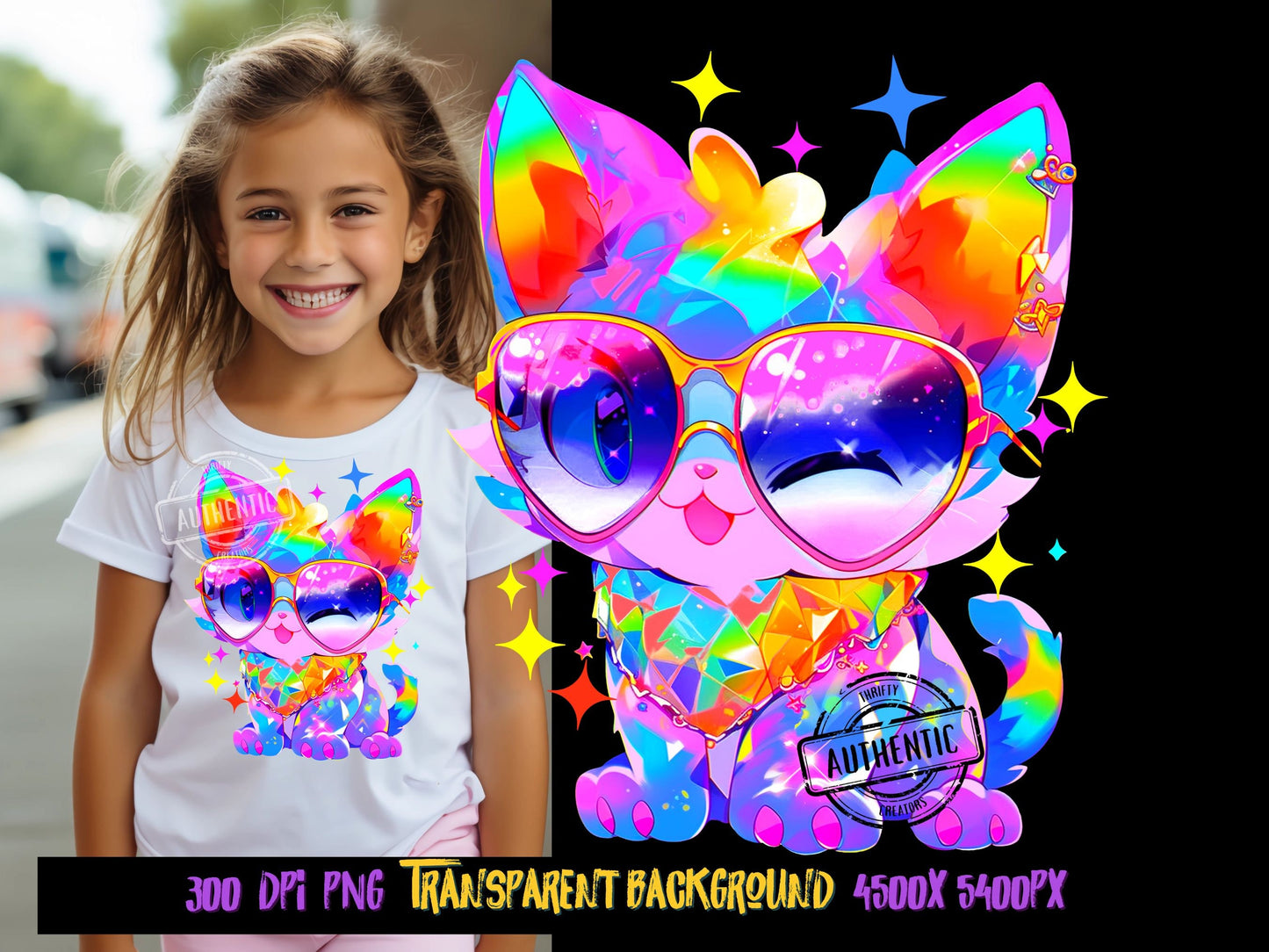 Adorable Kawaii Cat PNG - Perfect for sublimation designs! Ideal for kids' shirts, this cute, colorful kitten is designs by Thrifty Creators